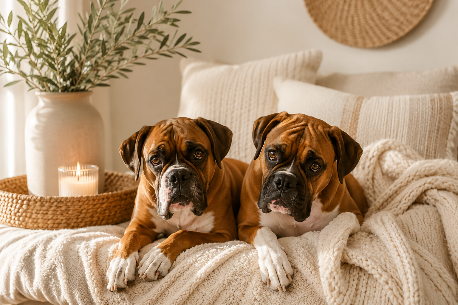 Two boxer dogs sitting on a comfy bed with boho decor in the background