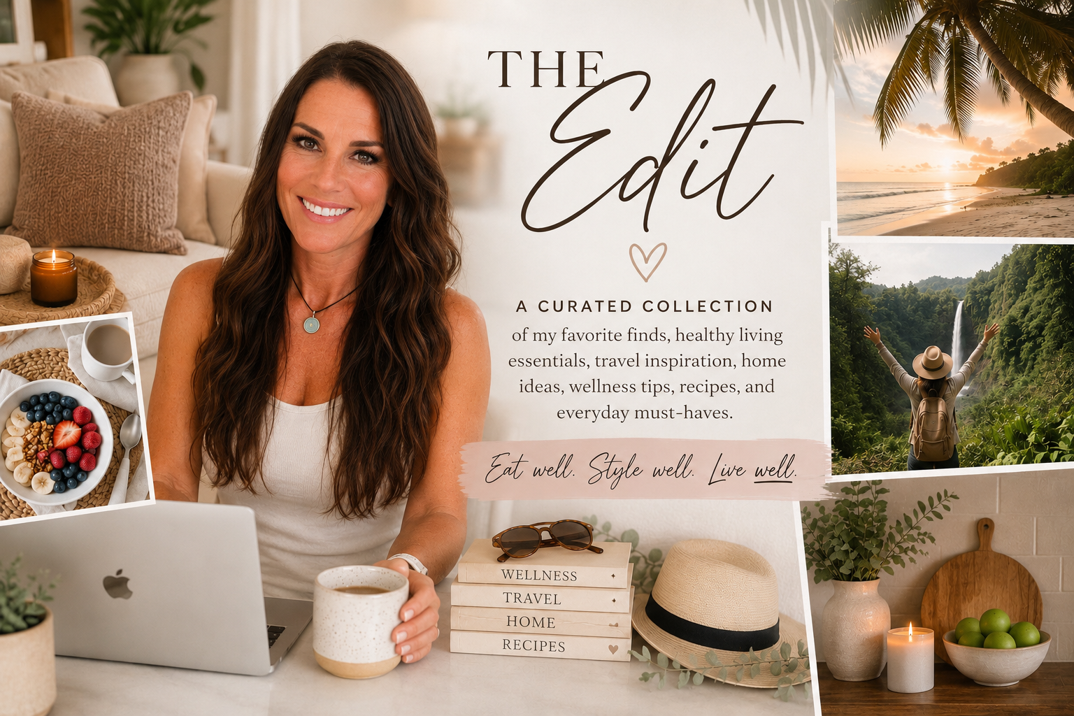 Woman working on a laptop with coffee, surrounded by wellness, travel, home, and lifestyle inspiration in a neutral-toned collage.