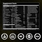 Supplement facts label with various certification logos on a black background