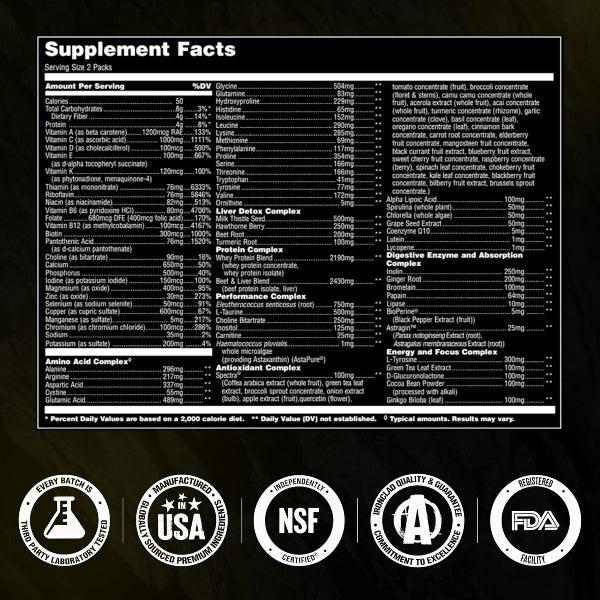 Supplement facts label with various certification logos on a black background