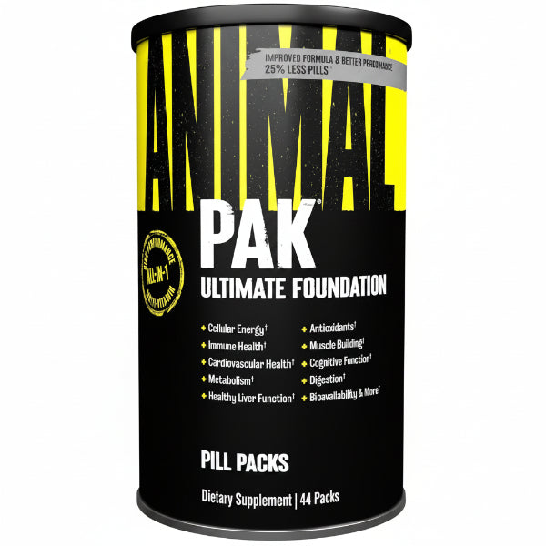 Supplement container labeled 'PAK Ultimate Foundation' with black and yellow design.