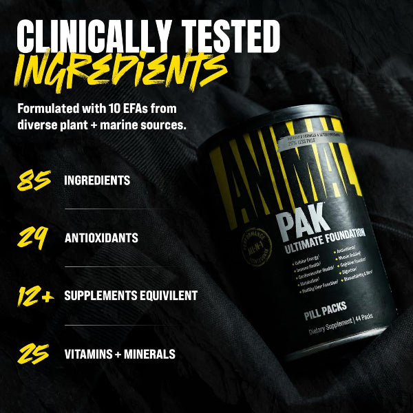 Supplement container with text highlighting clinically tested ingredients on a dark background