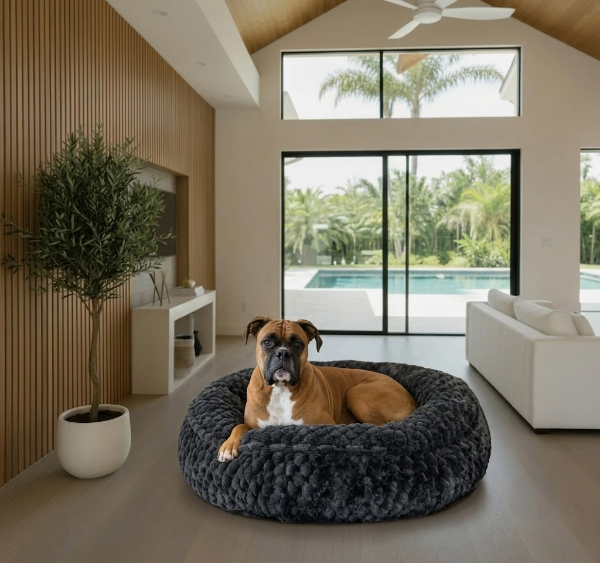 Dog lying on a fluffy black pet bed in a modern living room with a pool view.