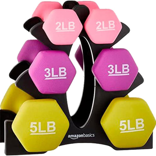 Set of colorful dumbbells with weights on a black stand, featuring Amazon Basics branding.
