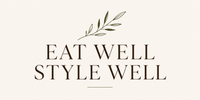 Eat Well Style Well quote 'Eat Well Style Well' with a leaf design on a beige background