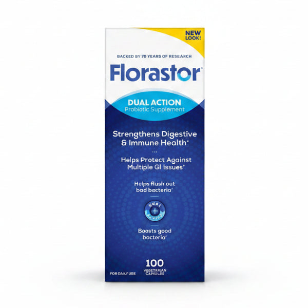Florastor Dual Action probiotic supplement packaging on a white background
