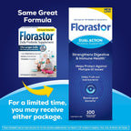 Two boxes of Florastor probiotic supplements on a blue background with promotional text.