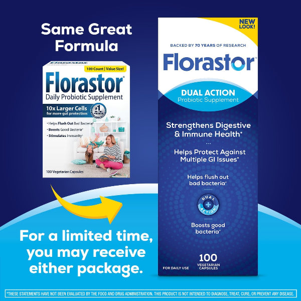 Two boxes of Florastor probiotic supplements on a blue background with promotional text.