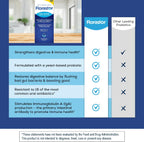 Florastor probiotic packaging with features listed on a blue background