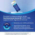 Florastor probiotic packaging on a blue background with text about its benefits.