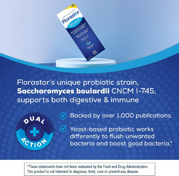 Florastor probiotic packaging on a blue background with text about its benefits.