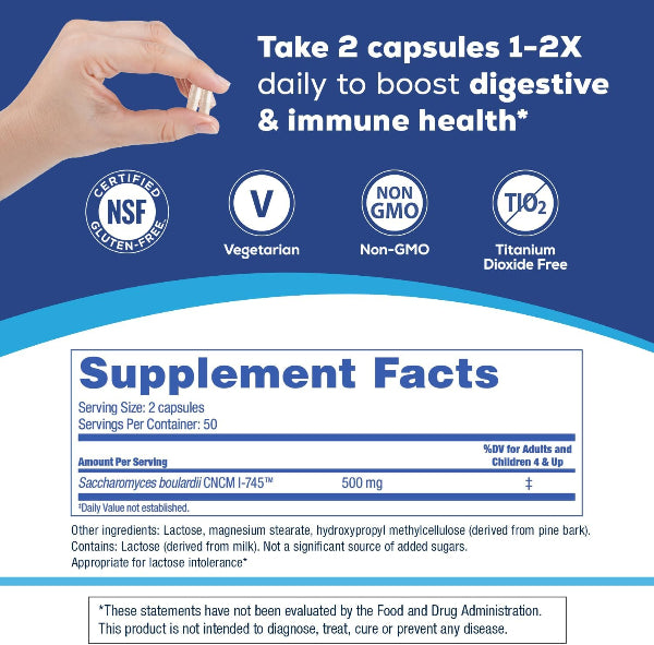 Supplement label with a hand holding a capsule, featuring certification logos and supplement facts.