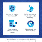Product features with icons and text on a blue background