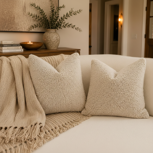 Two textured pillows on a beige sofa with a decorative plant in the background.
