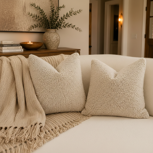 Two textured pillows on a beige sofa with a decorative plant in the background.