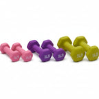 Set of colorful dumbbells with weight labels on a white background