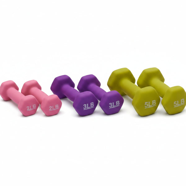 Set of colorful dumbbells with weight labels on a white background
