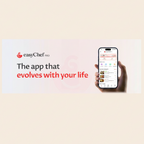 Hand holding a smartphone displaying the easyChef Pro app with the brand's logo and tagline.