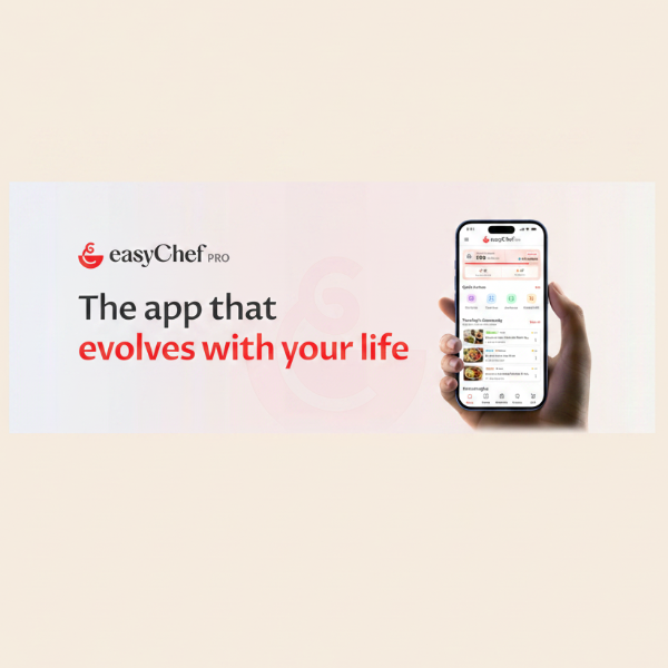 Hand holding a smartphone displaying the easyChef Pro app with the brand's logo and tagline.