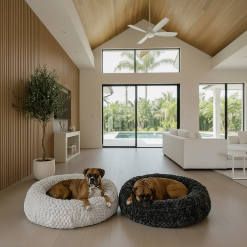 Two boxer dogs lying on fluffy pet beds in a modern living room with large windows.