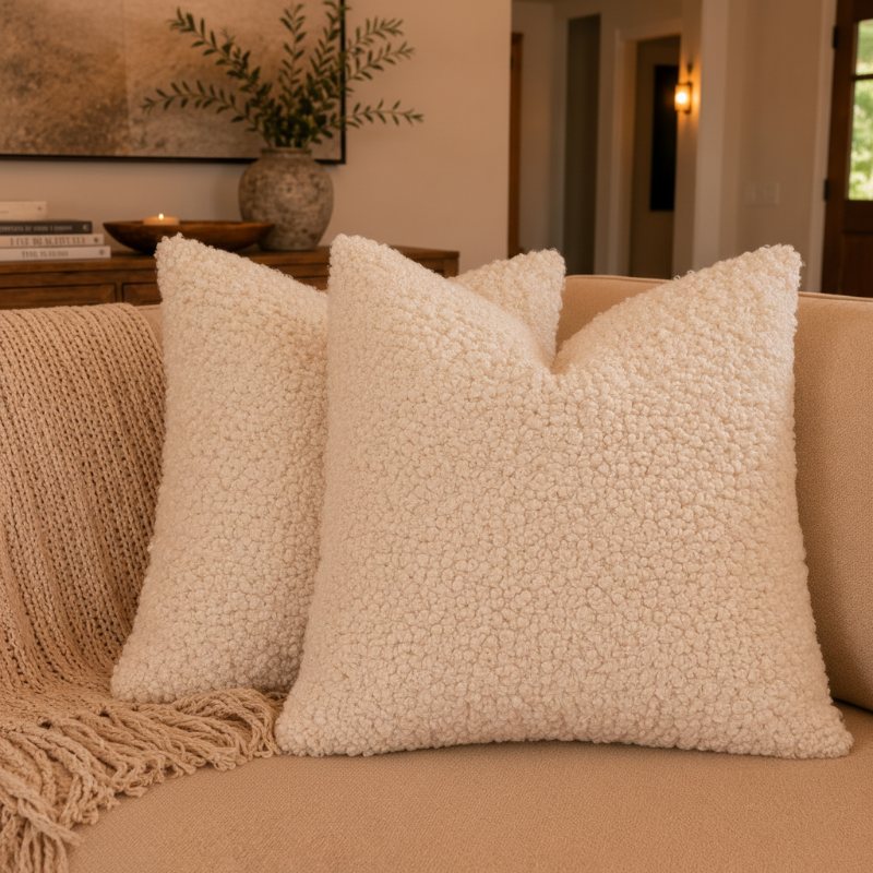 Textured boho style white pillows on a beige sofa with a neutral background