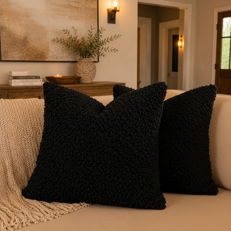 Two black textured pillows on a beige sofa in a living room setting.