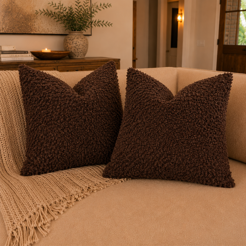 Two brown textured pillows on a beige couch with a decorative blanket in a living room setting.