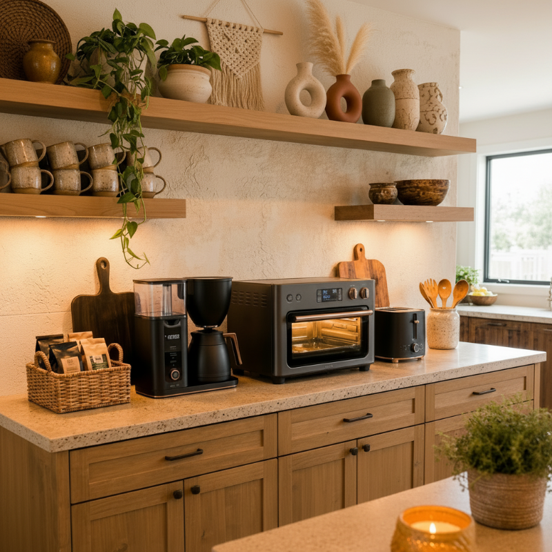 Modern kitchen with wooden cabinets, cafe countertop appliances, and decorative elements.
