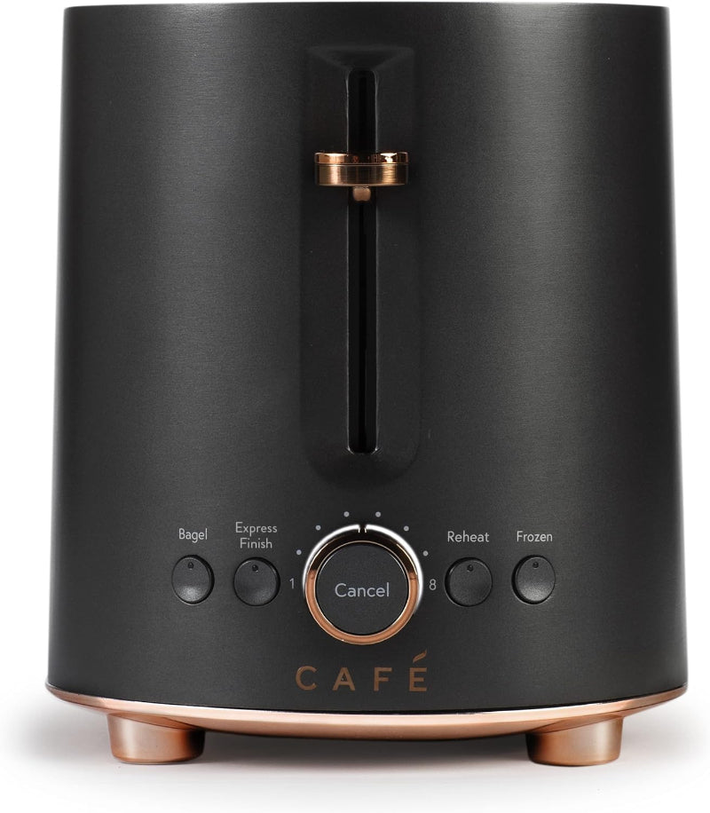 Cafe black and rose gold coffee maker with control buttons on a white background
