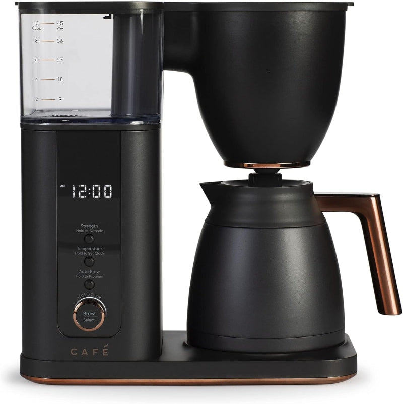 Black coffee maker with digital display on a white background