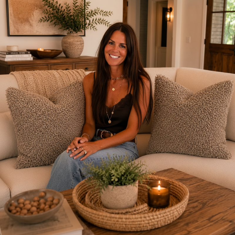 Woman sitting on a couch with decorative pillows and a coffee table in the foreground