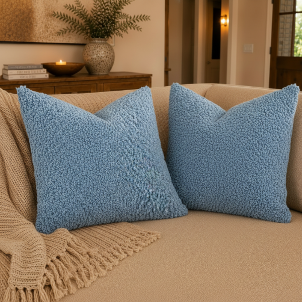 Light blue textured pillow on a beige couch in a living room setting.