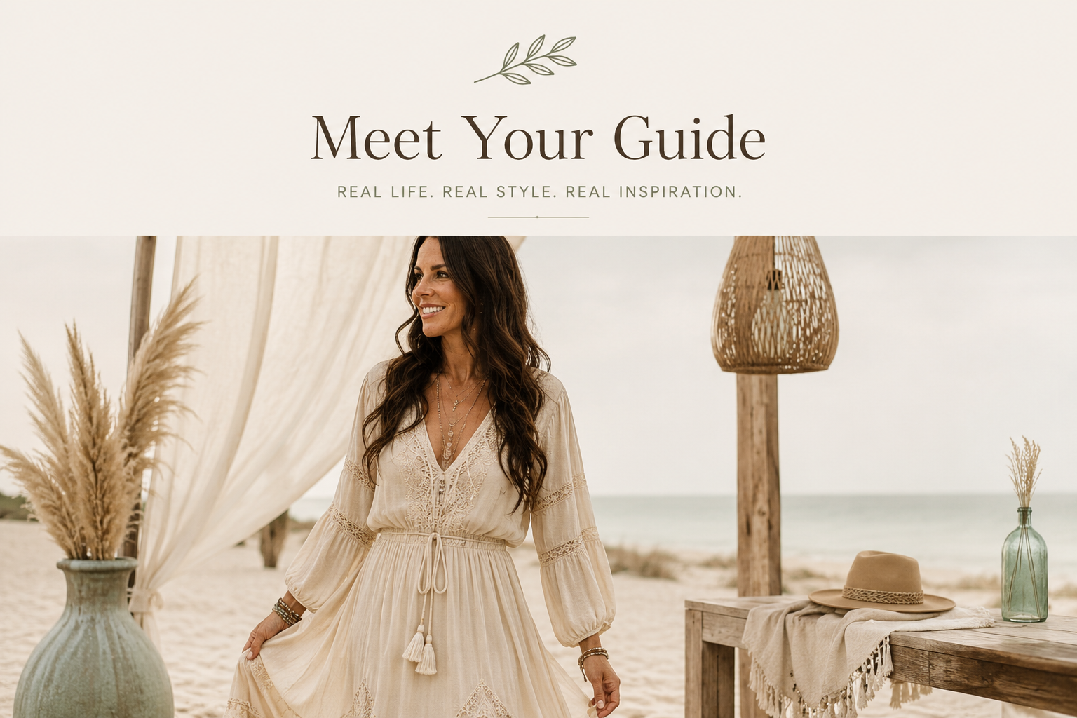 Woman in a flowing dress standing on a beach with text 'Meet Your Guide' above.